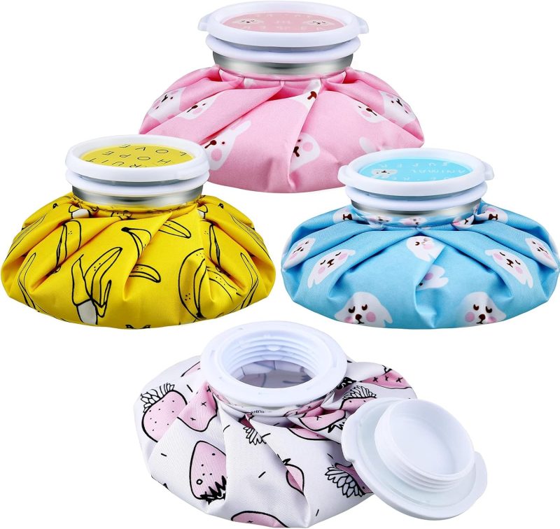 4 Pack Reusable Ice Pack and Hot Water Bag for Adults, Cold and Hot Use for Injuries, Pain Relief, Wisdom Teeth, Breastfeeding, Tired Eyes, 5.5 Inches(Cute Fruit Style)
