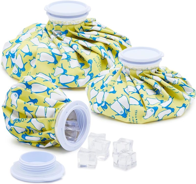 3 Pack Refillable Ice Packs for Pain Relief, Injuries, Headaches, Sprains, Reusable Penguin Print Bags for Swelling (3 Sizes)
