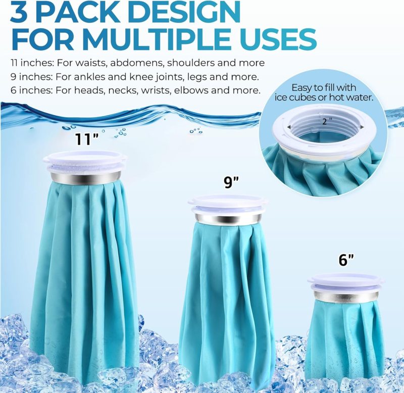Ice Bags for Injuries Reusable:  3 Packs Ice Cold Packs with 2 Wrap Ice Bag Hot Water Hot & Cold Therapy Pain Relief for Knee Leg Injury No-Leak Waterproof Ice Bags 3 Sizes 6"/9"/11", Light Blue - Image 2