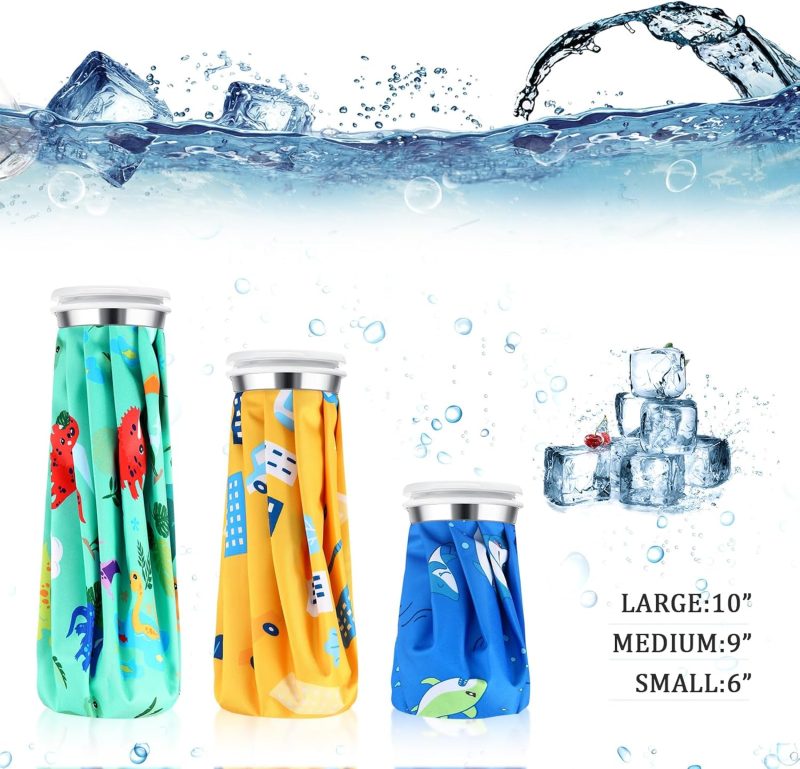 3 Pcs Ice Pack for Injuries, Reusable Hot Water Bag with Screw Top, Hot Cold for Sports Knee Head Leg Shoulder Back Injury, 6 Inch 9 Inch 10 Inch(Multicolor,Dinosaur Style) - Image 2