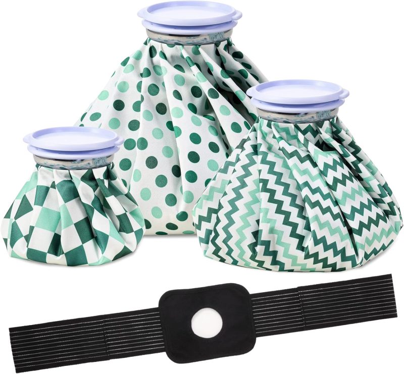 3 Pieces Ice Packs for Injuries Reusable Ice Packs with Adjustable Wrap Cold and Hot Therapy and Pain Relief for Knee Leg Injury, 3 Sizes, 11, 9, 6 Inch (4 Set)(Polka Dot,Green)