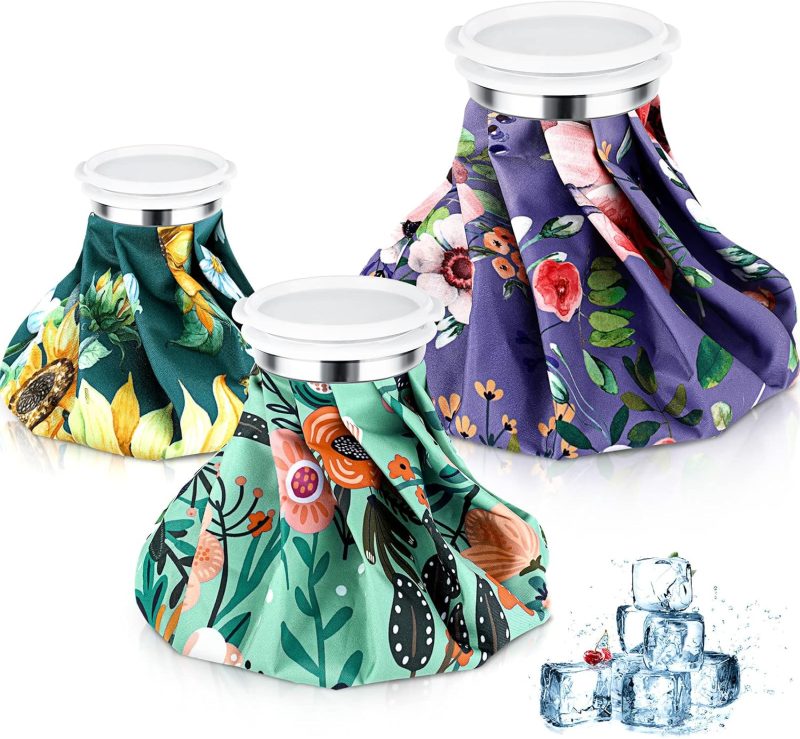 3 Pieces Ice Bags for Injuries Reusable Ice Pack Hot Cold Water Bag 6, 9, 10 Inches Hot Cold Therapy and Pain Relief Pain Screw Top for Sports Knee Head Leg(Flower Style)