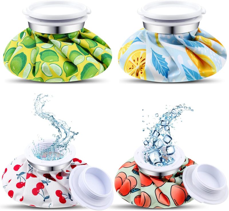 4 Pack Reusable Ice Pack and Hot Water Bag for Adults, Cold and Hot Use for Injuries, Pain Relief, Wisdom Teeth, Breastfeeding, Tired Eyes, 5.5 Inches(Cartoon Fruit Style)