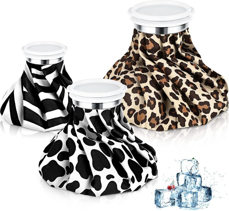 3 Pieces Ice Bags for Injuries Reusable Hot and Cold Pain Relief Ice Bag 6/9/10 inches for Sports Knee Head Leg Injury(Animal Print)